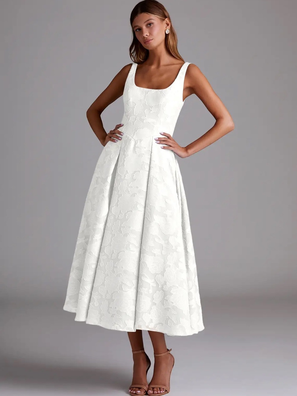 Azazie Amalie White A-Line Pleated Floral Burnout Dress W Size A6